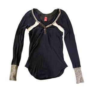 Free People Navy Blue and Gray Long Sleeve Top Wool